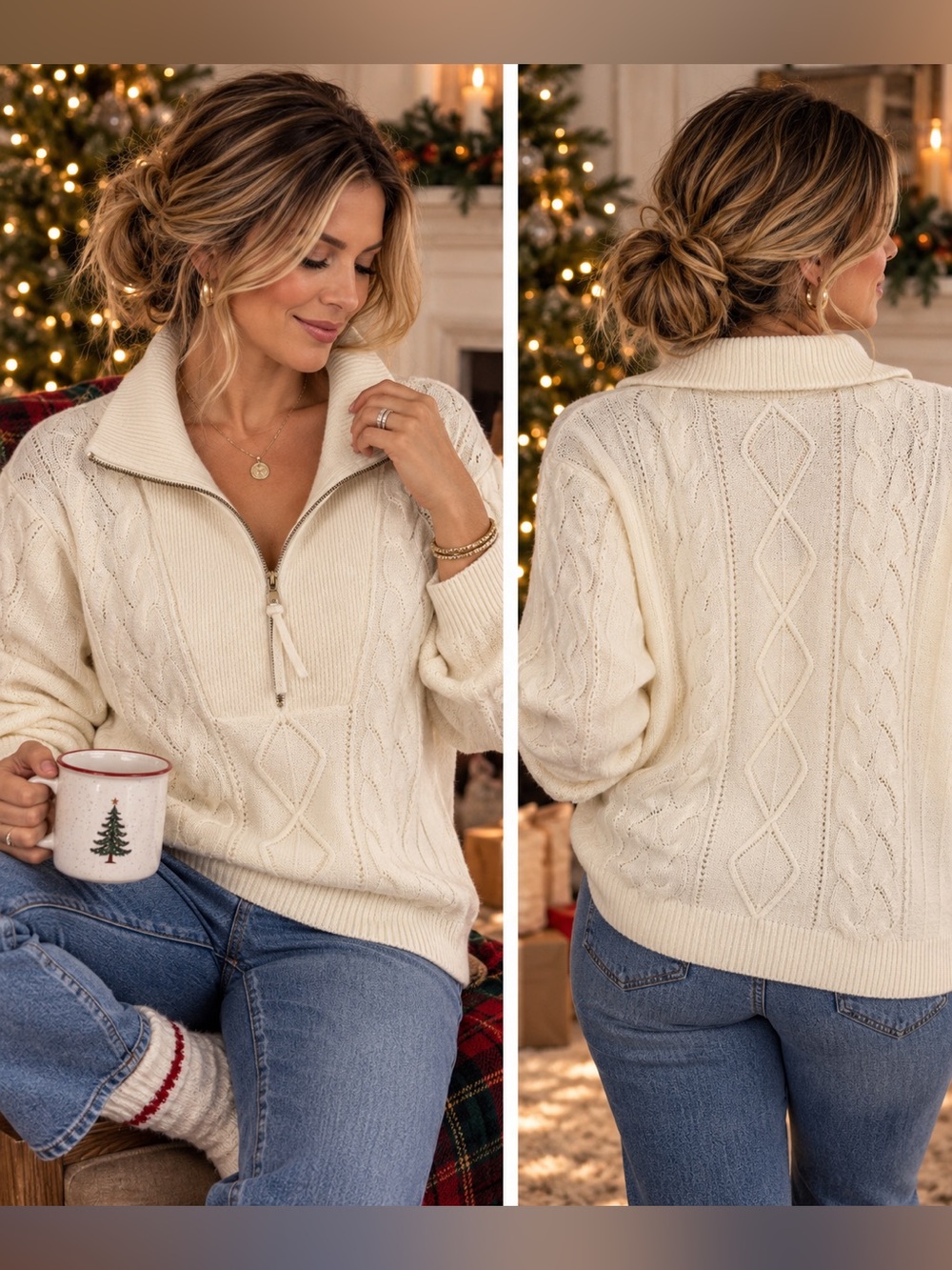 Talbots Ivory Cable Knit Quarter Zip Sweater XL Cozy Winter Pullover